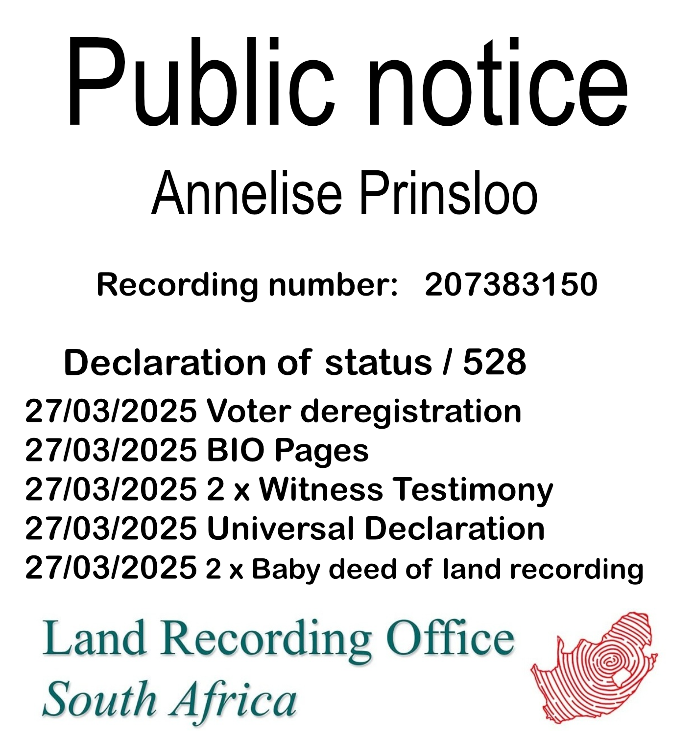 Public Notice Annelise Prinsloo (c) Recording number 207383150